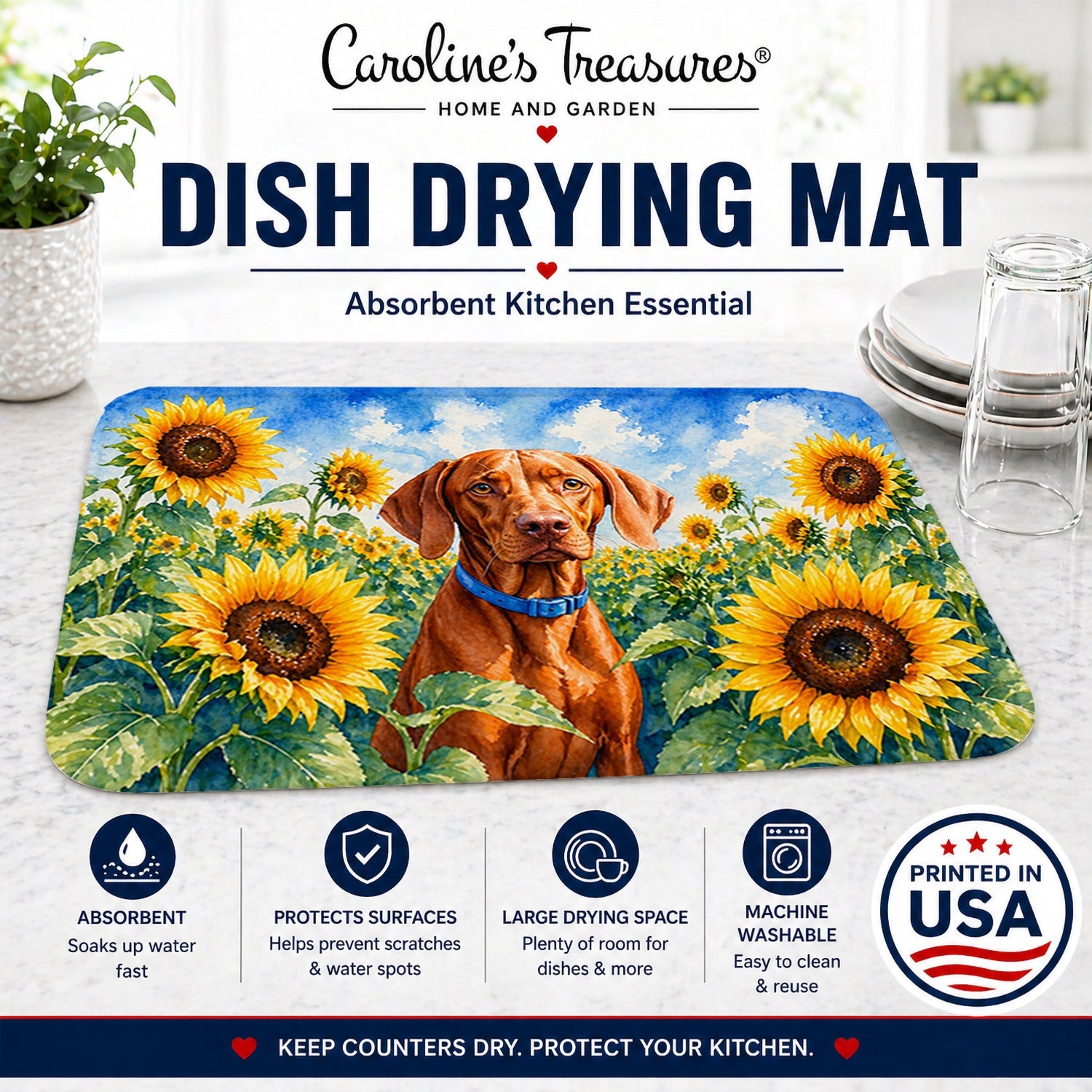 Vizsla in Sunflowers Dish Drying Mat Absorbent Dish Drying Mat Pad for Kitchen Counter Dish Drainer Mat for Countertop, 14 x 21", Multicolor