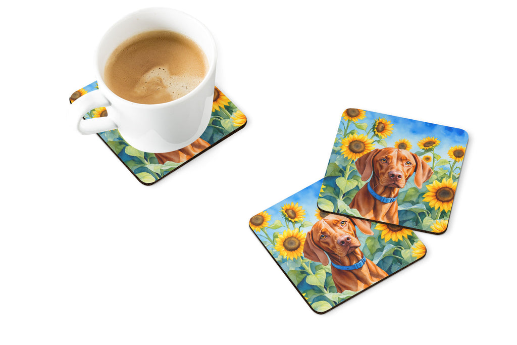 Vizsla in Sunflowers Foam Coasters Set of 4 Cup Coasters for Indoor Outdoor, Tabletop Protection, Anti Slip, Mouse pad Material
