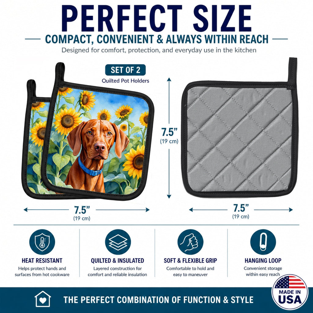 Vizsla in Sunflowers Pot Holder Set of 2 Heat Resistant Quilted Hot Pads 7.5 x 7.5 Inch, Insulated Kitchen Trivets for Cooking & Baking