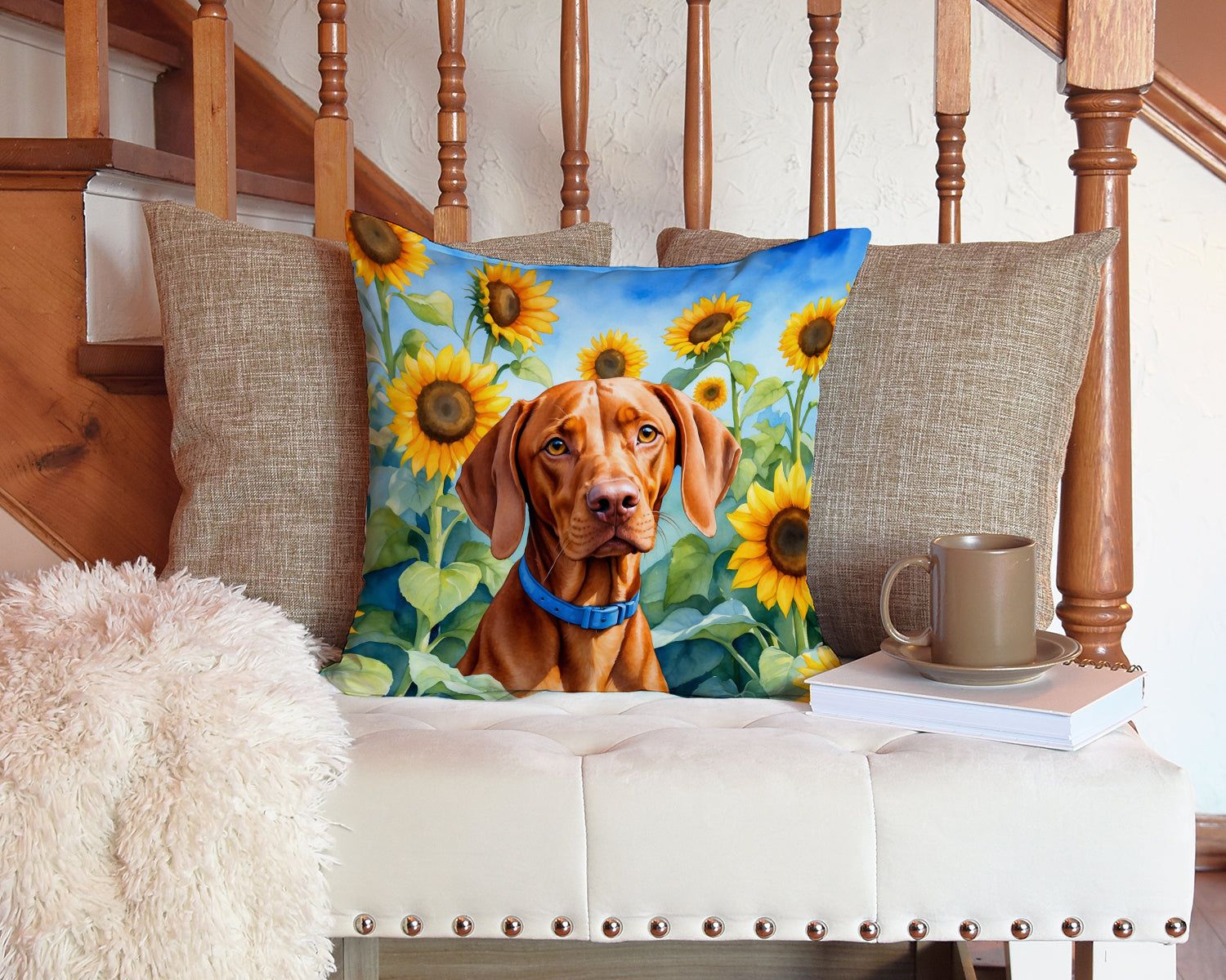 Vizsla in Sunflowers Decorative Throw Pillow 14x14 Indoor Outdoor Accent Cushion, Fabric Cover with Insert for Sofa, Bed, Porch & Living Room
