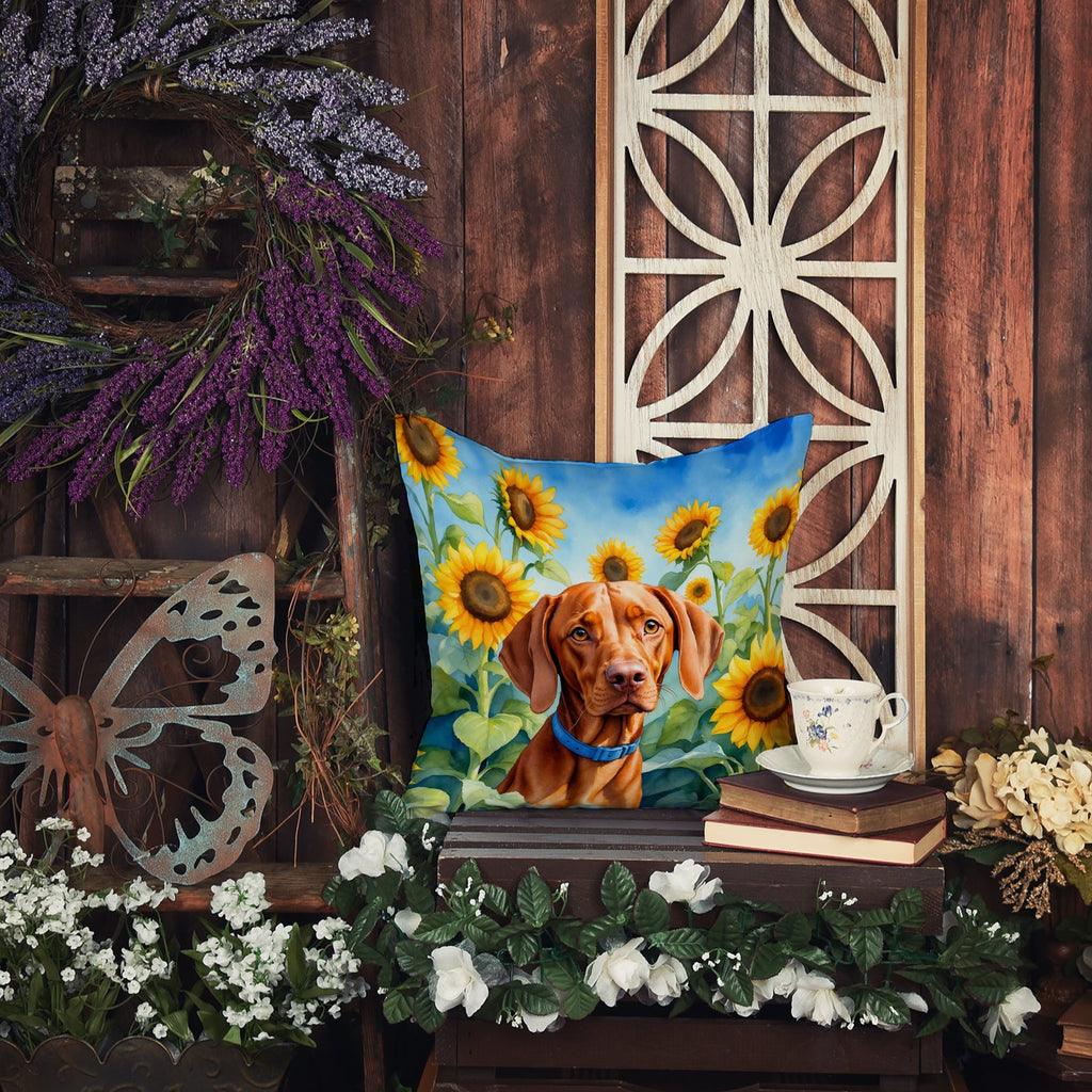Vizsla in Sunflowers Decorative Throw Pillow 14x14 Indoor Outdoor Accent Cushion, Fabric Cover with Insert for Sofa, Bed, Porch & Living Room