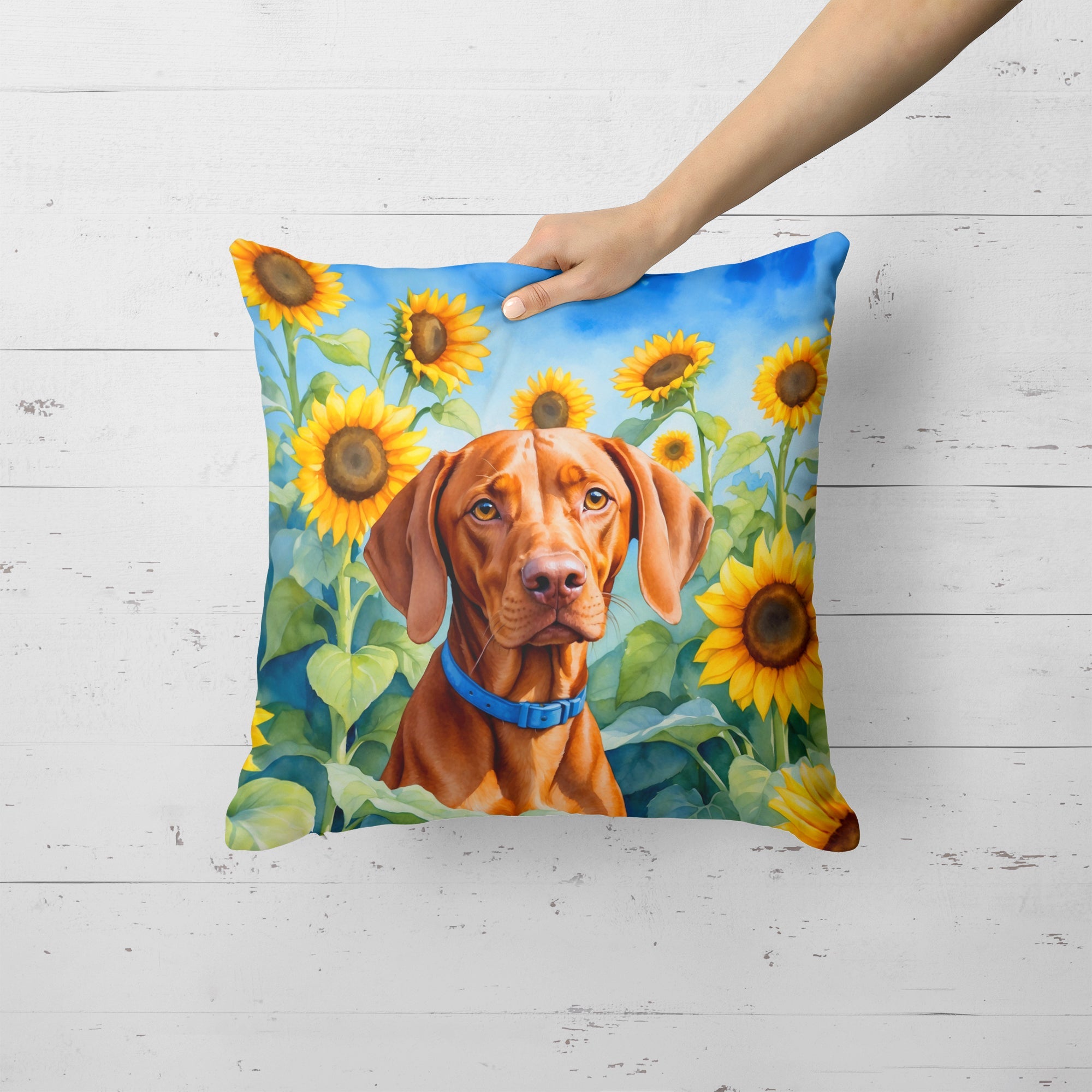 Vizsla in Sunflowers Decorative Throw Pillow 18x18 Indoor Outdoor Accent Cushion, Fabric Cover with Insert for Sofa, Bed, Porch & Living Room