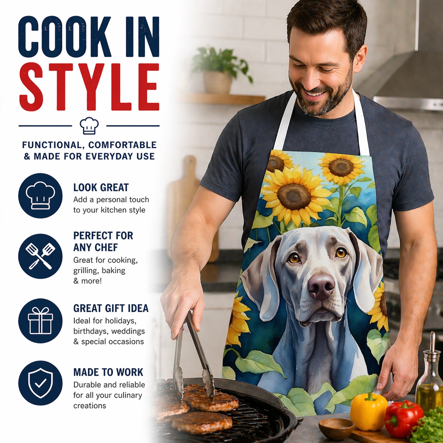 Weimaraner in Sunflowers Apron Cooking Kitchen Server Baking Crafts Gardening for Adult Women Men, Unisex, Large, Multicolor