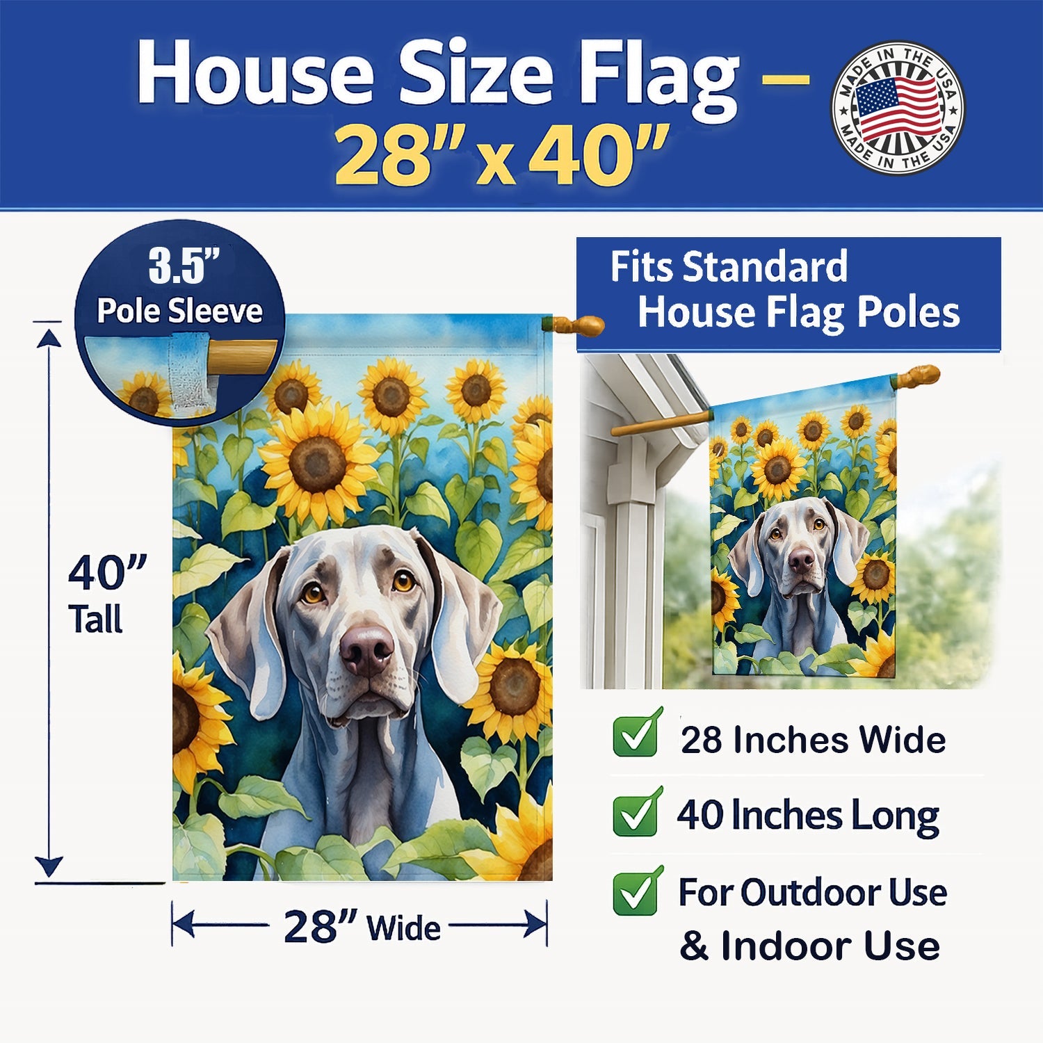Weimaraner in Sunflowers House Flag 28x40 Porch Sleeve Pole Decorative Outside Yard Banner Artwork Wall Hanging, Polyester