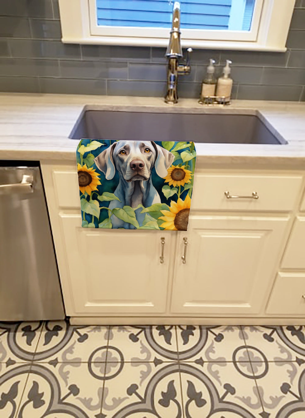 Weimaraner in Sunflowers Kitchen Towel Velour Plush Front and Cotton Loop Back Machine Washable