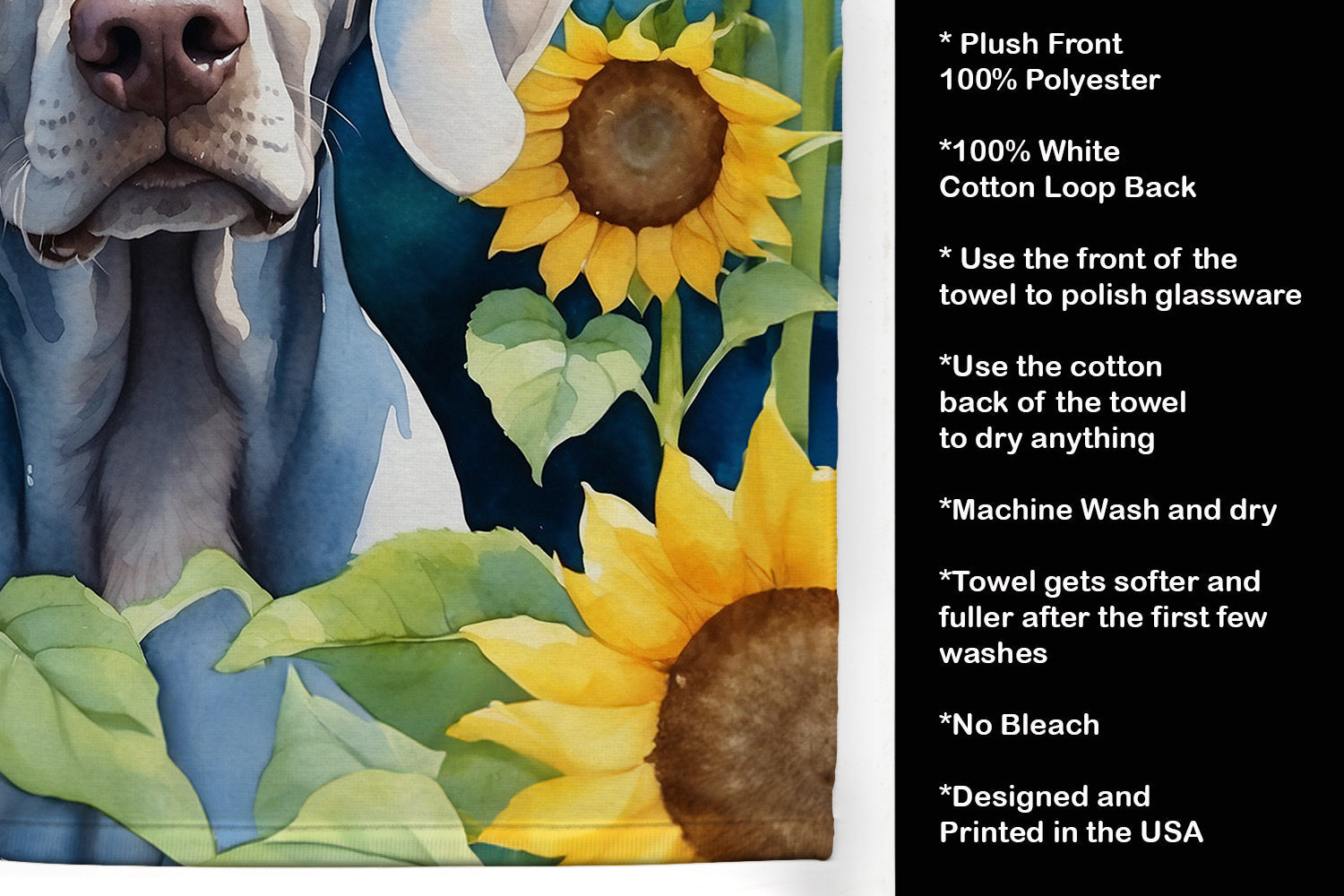 Weimaraner in Sunflowers Kitchen Towel Velour Plush Front and Cotton Loop Back Machine Washable