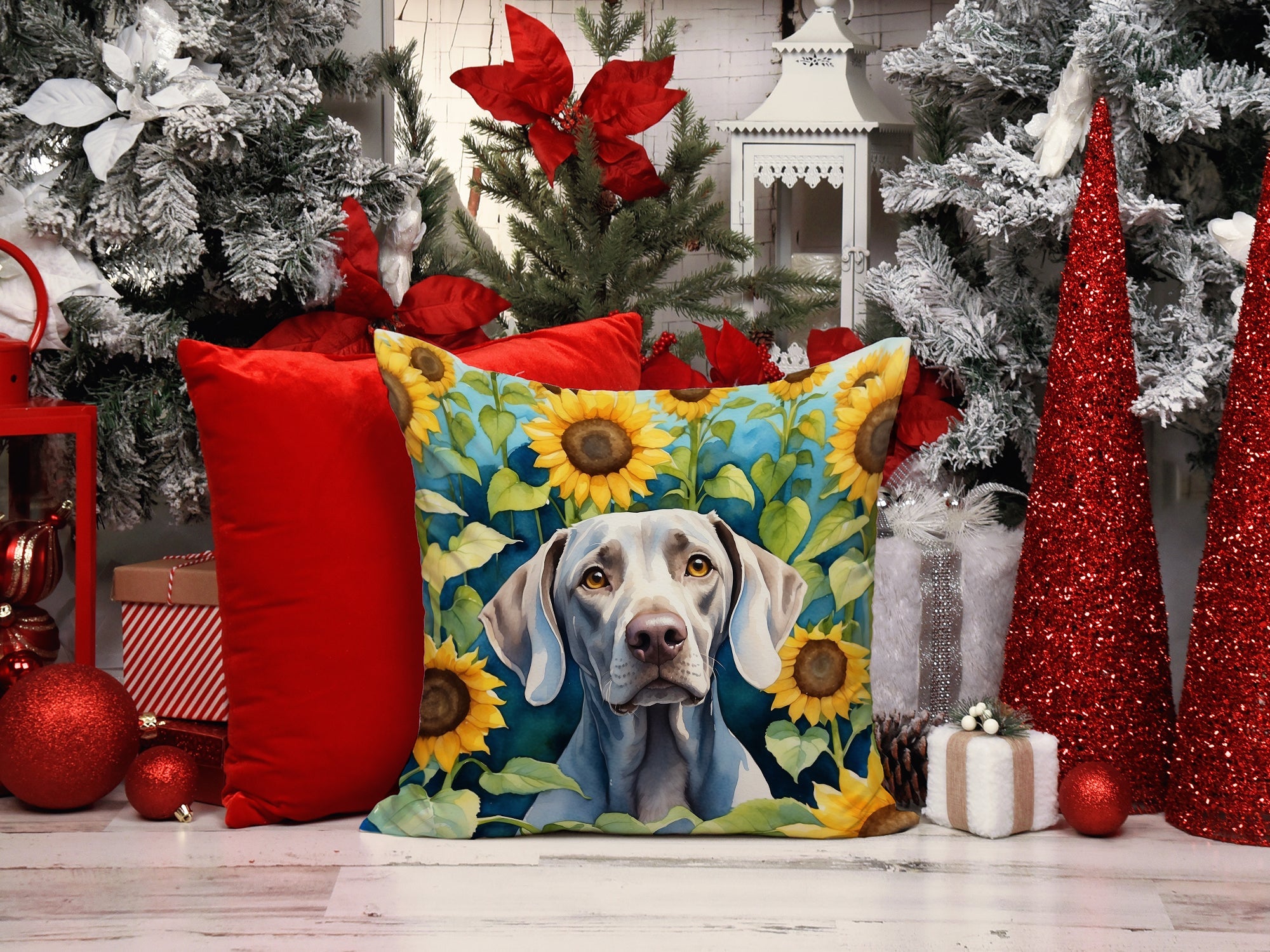 Weimaraner in Sunflowers Decorative Throw Pillow 14x14 Indoor Outdoor Accent Cushion, Fabric Cover with Insert for Sofa, Bed, Porch & Living Room