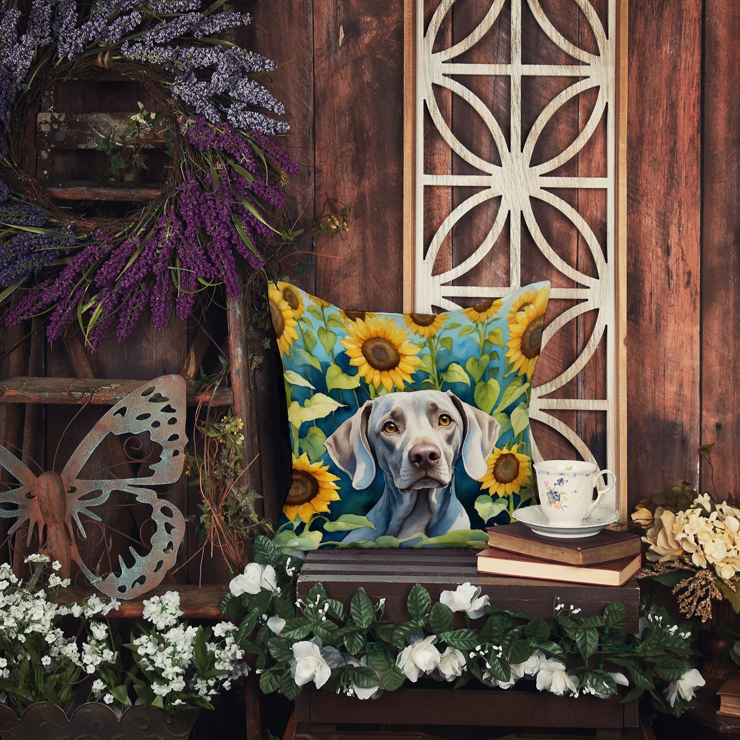 Weimaraner in Sunflowers Decorative Throw Pillow 18x18 Indoor Outdoor Accent Cushion, Fabric Cover with Insert for Sofa, Bed, Porch & Living Room