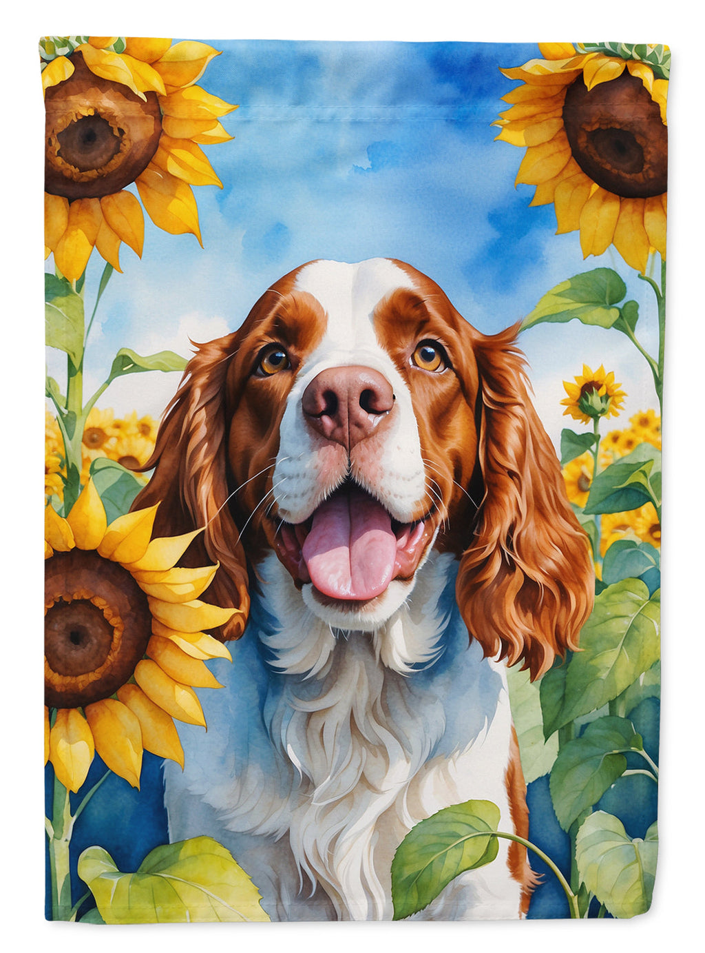Welsh Springer Spaniel in Sunflowers House Flag 28x40 Porch Sleeve Pole Decorative Outside Yard Banner Artwork Wall Hanging, Polyester