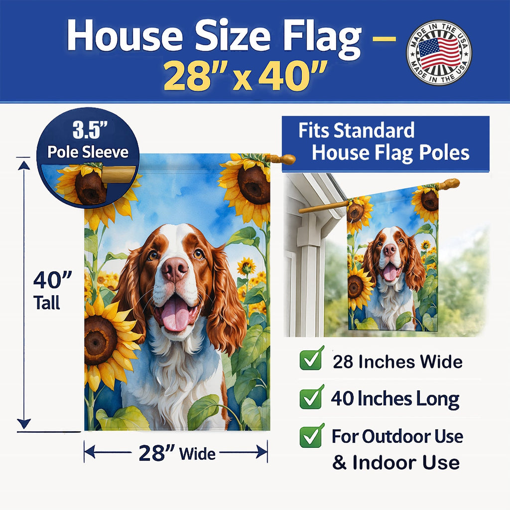 Welsh Springer Spaniel in Sunflowers House Flag 28x40 Porch Sleeve Pole Decorative Outside Yard Banner Artwork Wall Hanging, Polyester