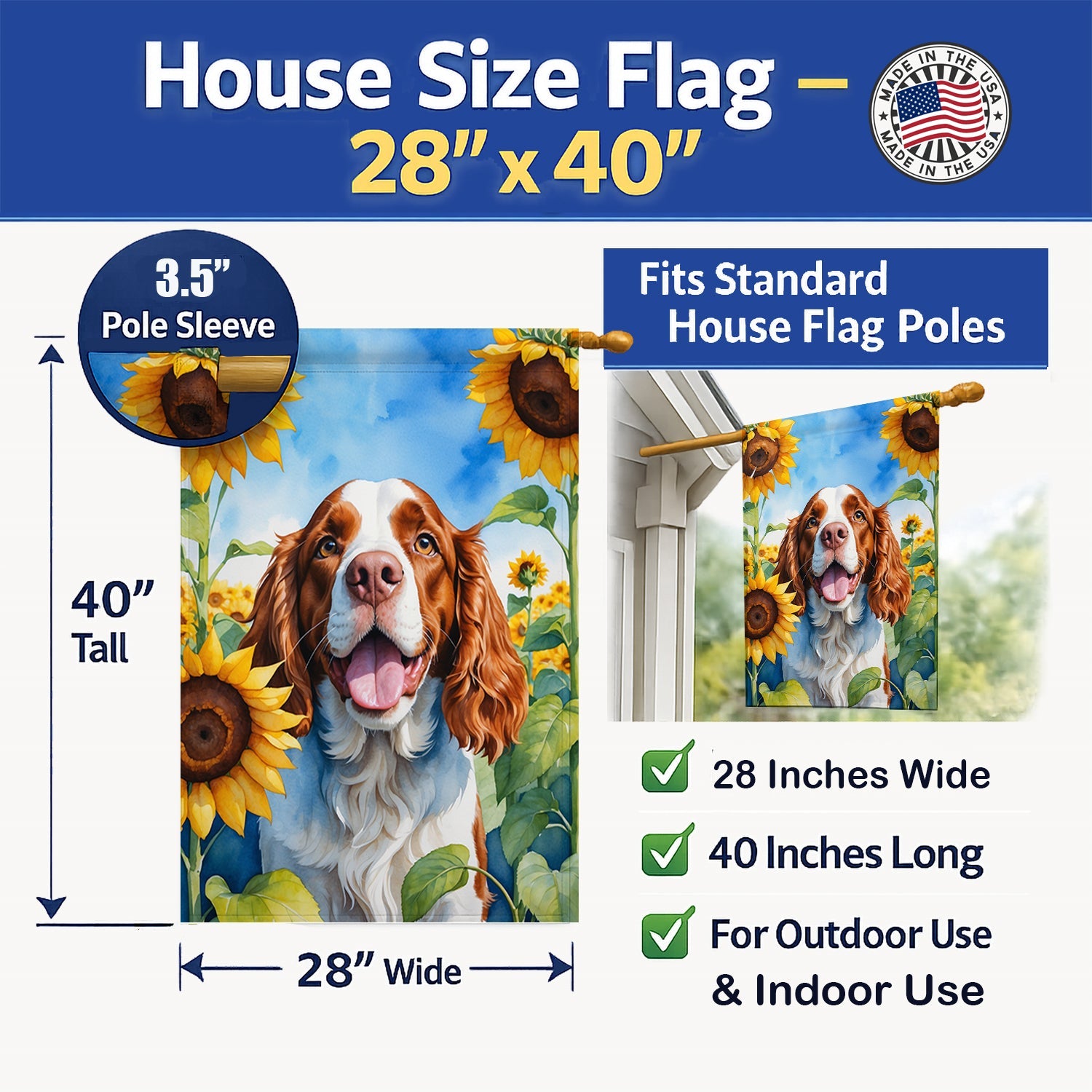 Welsh Springer Spaniel in Sunflowers House Flag 28x40 Porch Sleeve Pole Decorative Outside Yard Banner Artwork Wall Hanging, Polyester