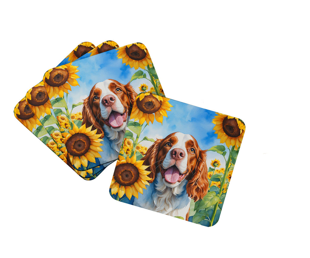 Welsh Springer Spaniel in Sunflowers Foam Coasters Set of 4 Cup Coasters for Indoor Outdoor, Tabletop Protection, Anti Slip, Mouse pad Material