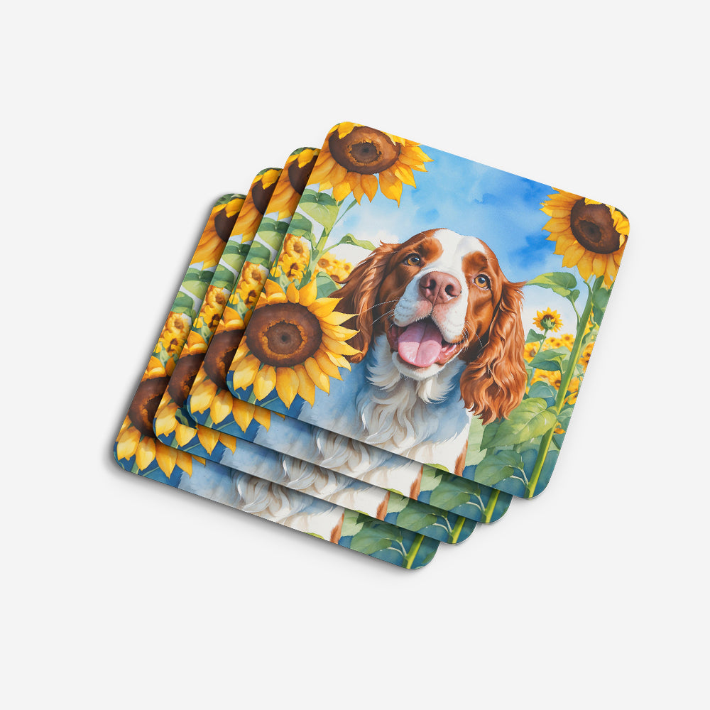 Welsh Springer Spaniel in Sunflowers Foam Coasters Set of 4 Cup Coasters for Indoor Outdoor, Tabletop Protection, Anti Slip, Mouse pad Material