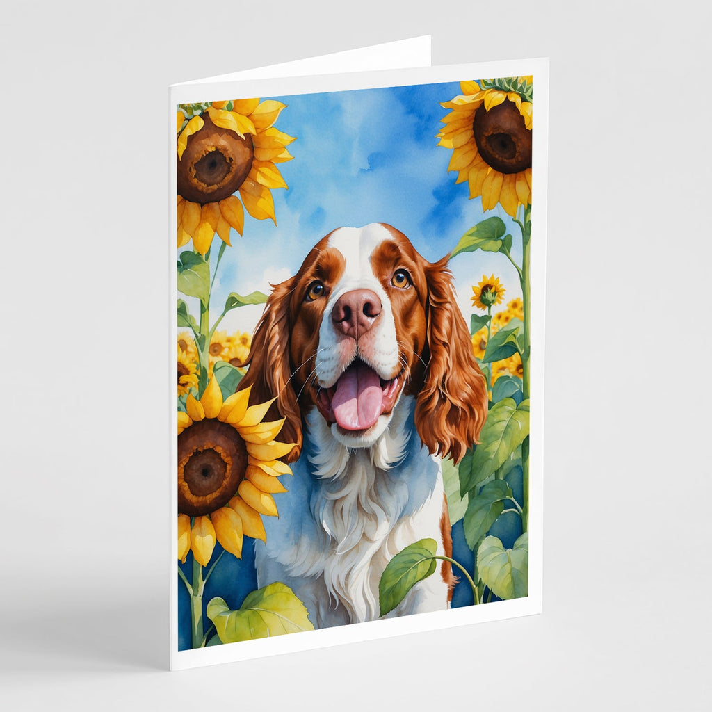 Welsh Springer Spaniel in Sunflowers Greeting Cards Pack of 8 Blank Cards with Envelopes Whimsical A7 Size 5x7