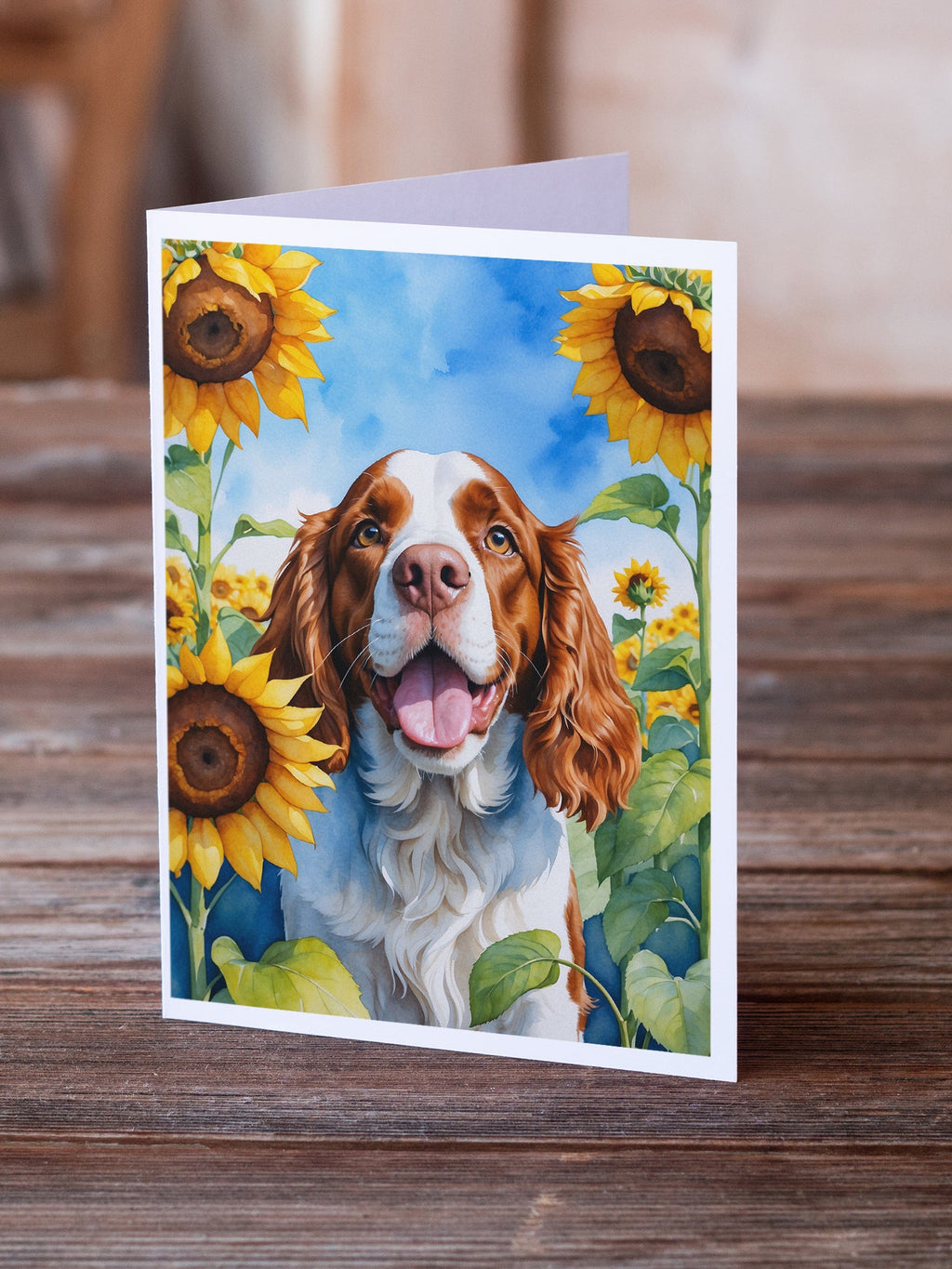 Welsh Springer Spaniel in Sunflowers Greeting Cards Pack of 8 Blank Cards with Envelopes Whimsical A7 Size 5x7
