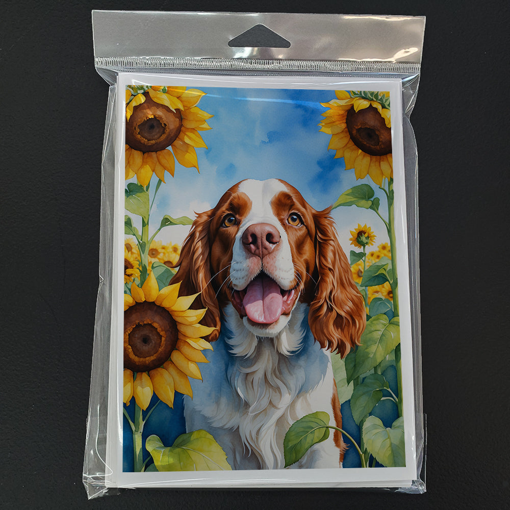 Welsh Springer Spaniel in Sunflowers Greeting Cards Pack of 8 Blank Cards with Envelopes Whimsical A7 Size 5x7