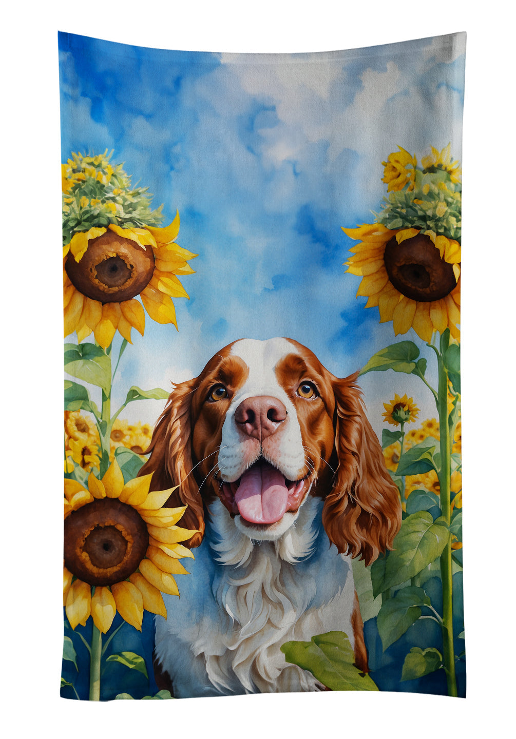 Welsh Springer Spaniel in Sunflowers Kitchen Towel Velour Plush Front and Cotton Loop Back Machine Washable