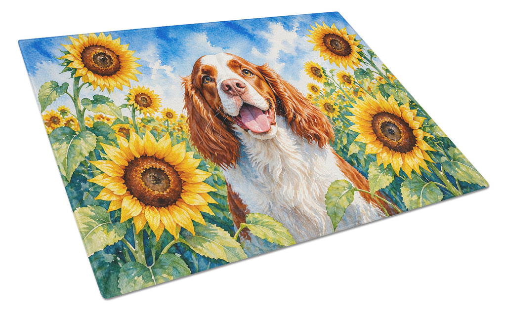 Welsh Springer Spaniel in Sunflowers Cutting Board Tempered Glass Kitchen Cutting Surface, Heat Resistant Chopping Board with Non-Slip Feet, Decorative Food Prep & Serving