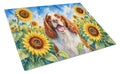 Welsh Springer Spaniel in Sunflowers Cutting Board Tempered Glass Kitchen Cutting Surface, Heat Resistant Chopping Board with Non-Slip Feet, Decorative Food Prep & Serving