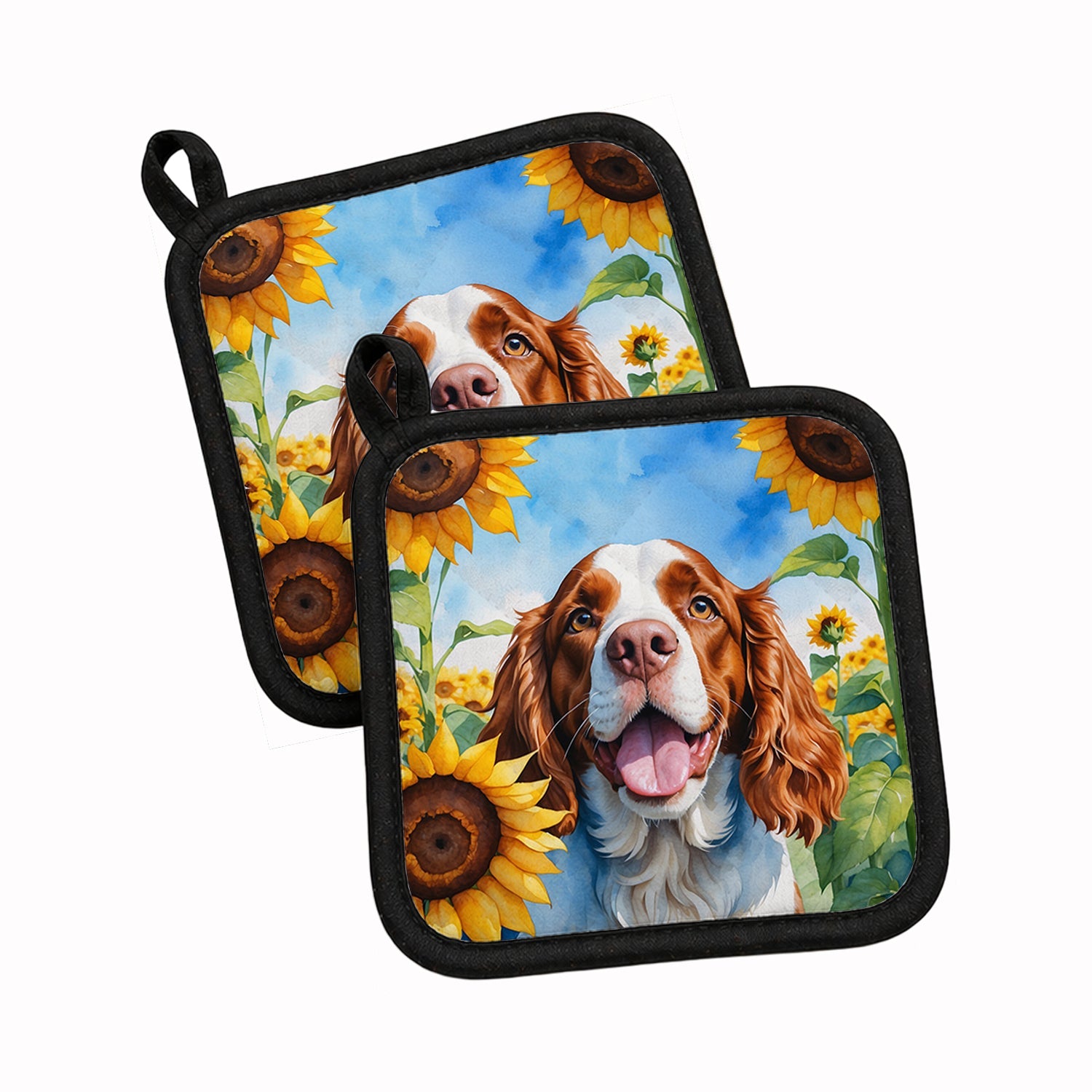 Welsh Springer Spaniel in Sunflowers Pot Holder Set of 2 Heat Resistant Quilted Hot Pads 7.5 x 7.5 Inch, Insulated Kitchen Trivets for Cooking & Baking