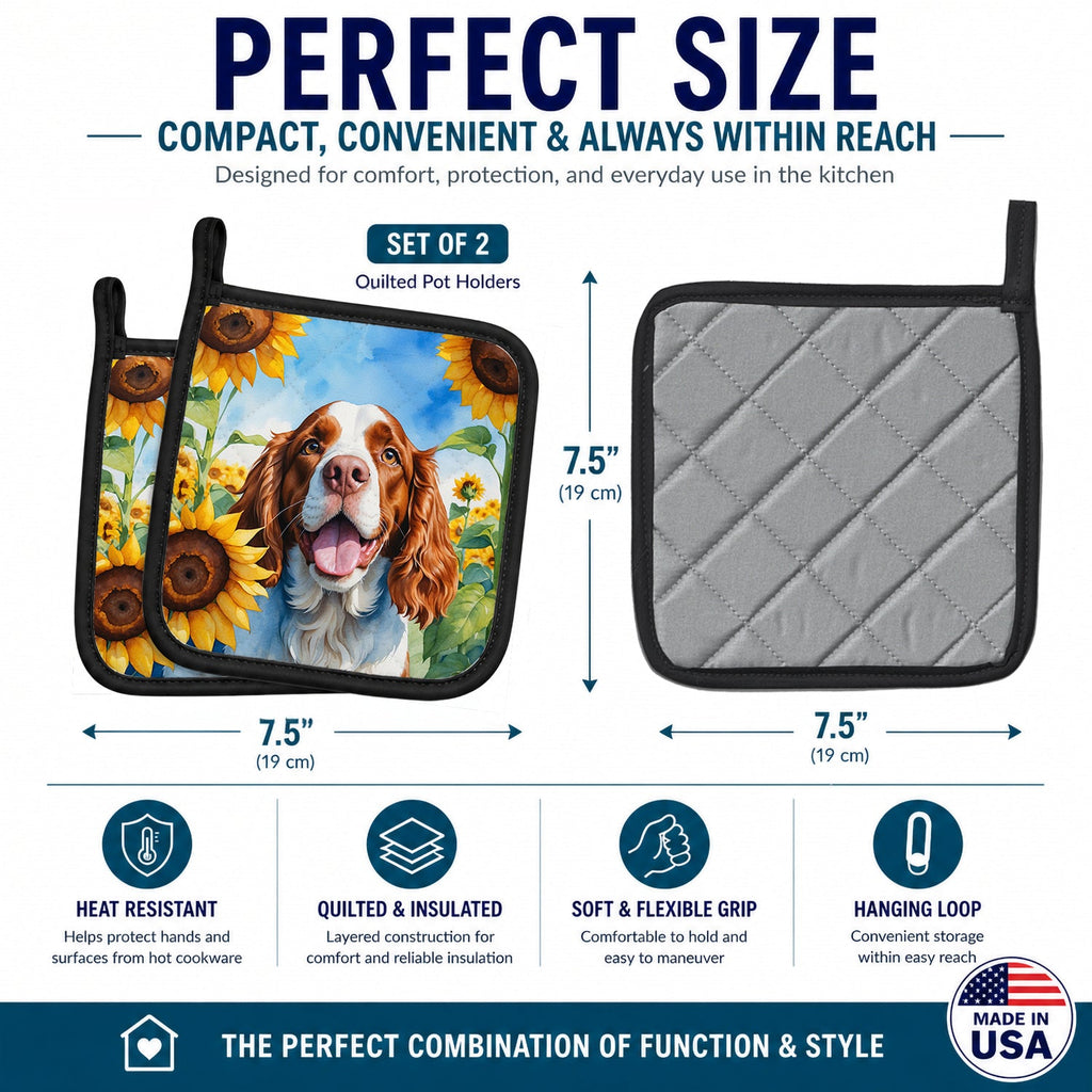 Welsh Springer Spaniel in Sunflowers Pot Holder Set of 2 Heat Resistant Quilted Hot Pads 7.5 x 7.5 Inch, Insulated Kitchen Trivets for Cooking & Baking