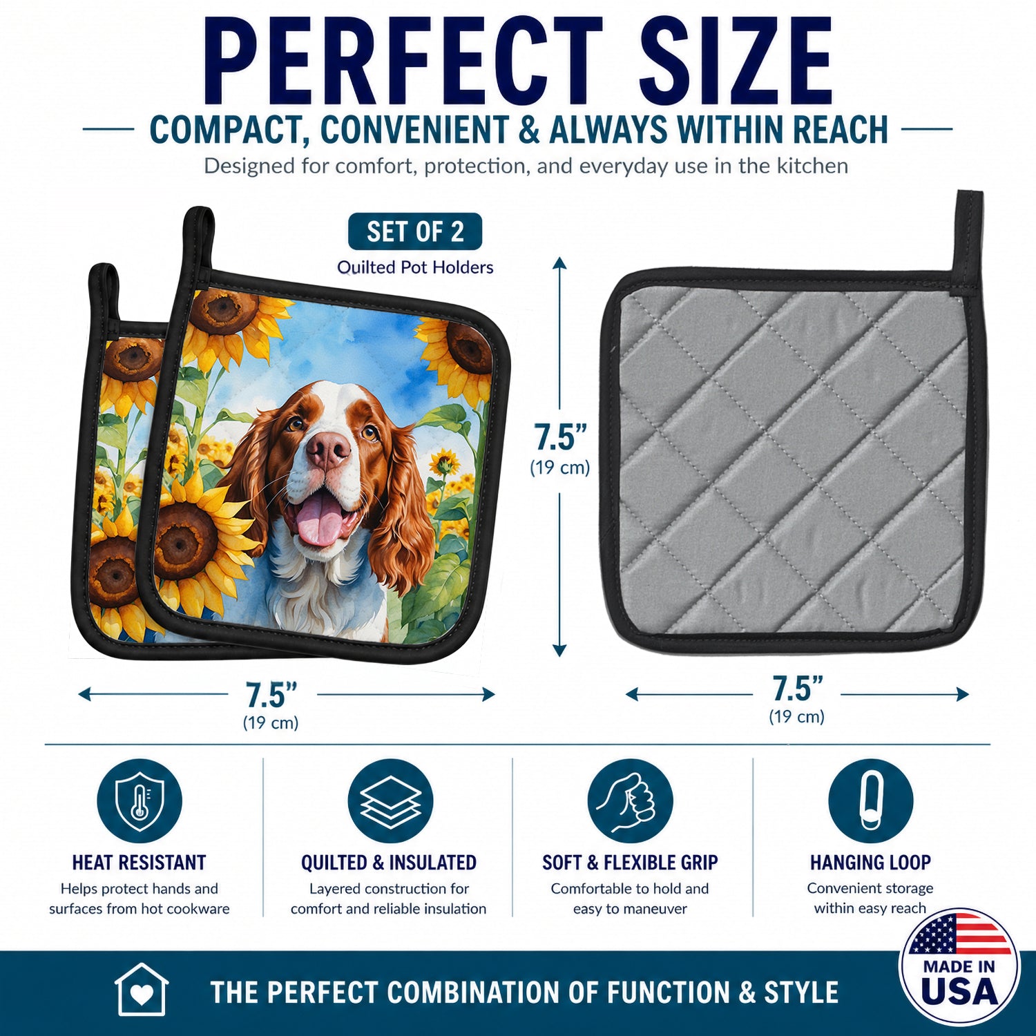 Welsh Springer Spaniel in Sunflowers Pot Holder Set of 2 Heat Resistant Quilted Hot Pads 7.5 x 7.5 Inch, Insulated Kitchen Trivets for Cooking & Baking