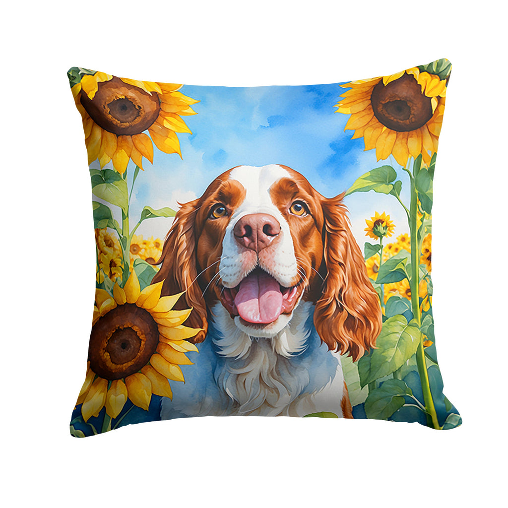 Welsh Springer Spaniel in Sunflowers Decorative Throw Pillow 14x14 Indoor Outdoor Accent Cushion, Fabric Cover with Insert for Sofa, Bed, Porch & Living Room