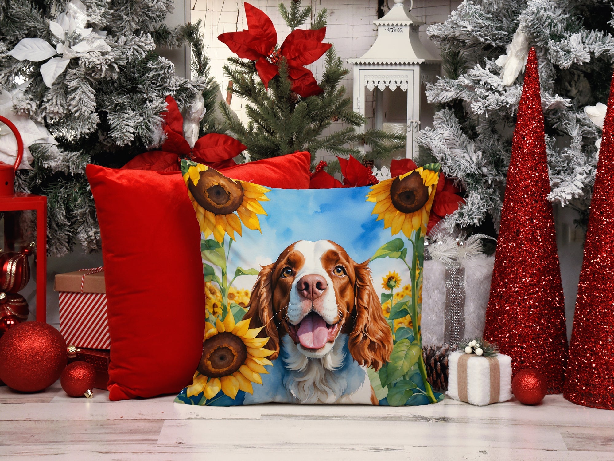 Welsh Springer Spaniel in Sunflowers Decorative Throw Pillow 14x14 Indoor Outdoor Accent Cushion, Fabric Cover with Insert for Sofa, Bed, Porch & Living Room