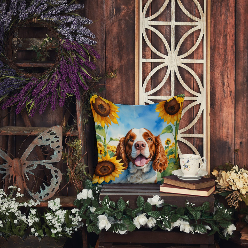 Welsh Springer Spaniel in Sunflowers Decorative Throw Pillow 18x18 Indoor Outdoor Accent Cushion, Fabric Cover with Insert for Sofa, Bed, Porch & Living Room