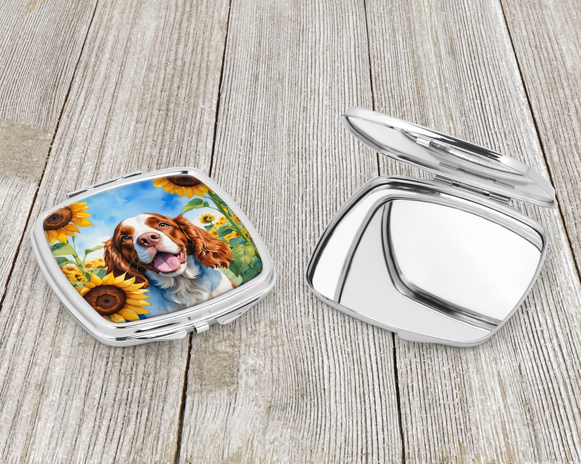 Welsh Springer Spaniel in Sunflowers Compact Mirror Decorative Travel Makeup Mirror for Women Girls Gifts Pocket Makeup Mirror Folding Handheld