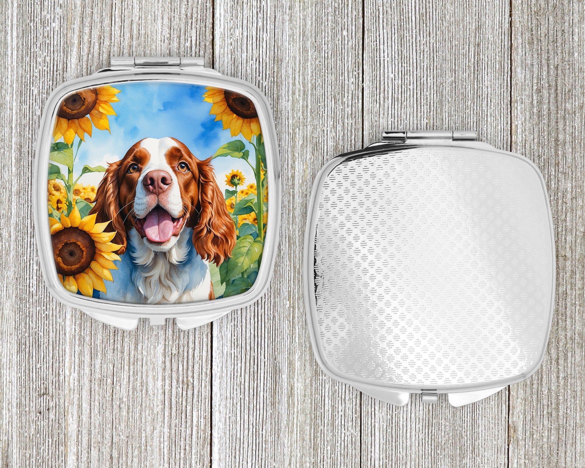Welsh Springer Spaniel in Sunflowers Compact Mirror Decorative Travel Makeup Mirror for Women Girls Gifts Pocket Makeup Mirror Folding Handheld