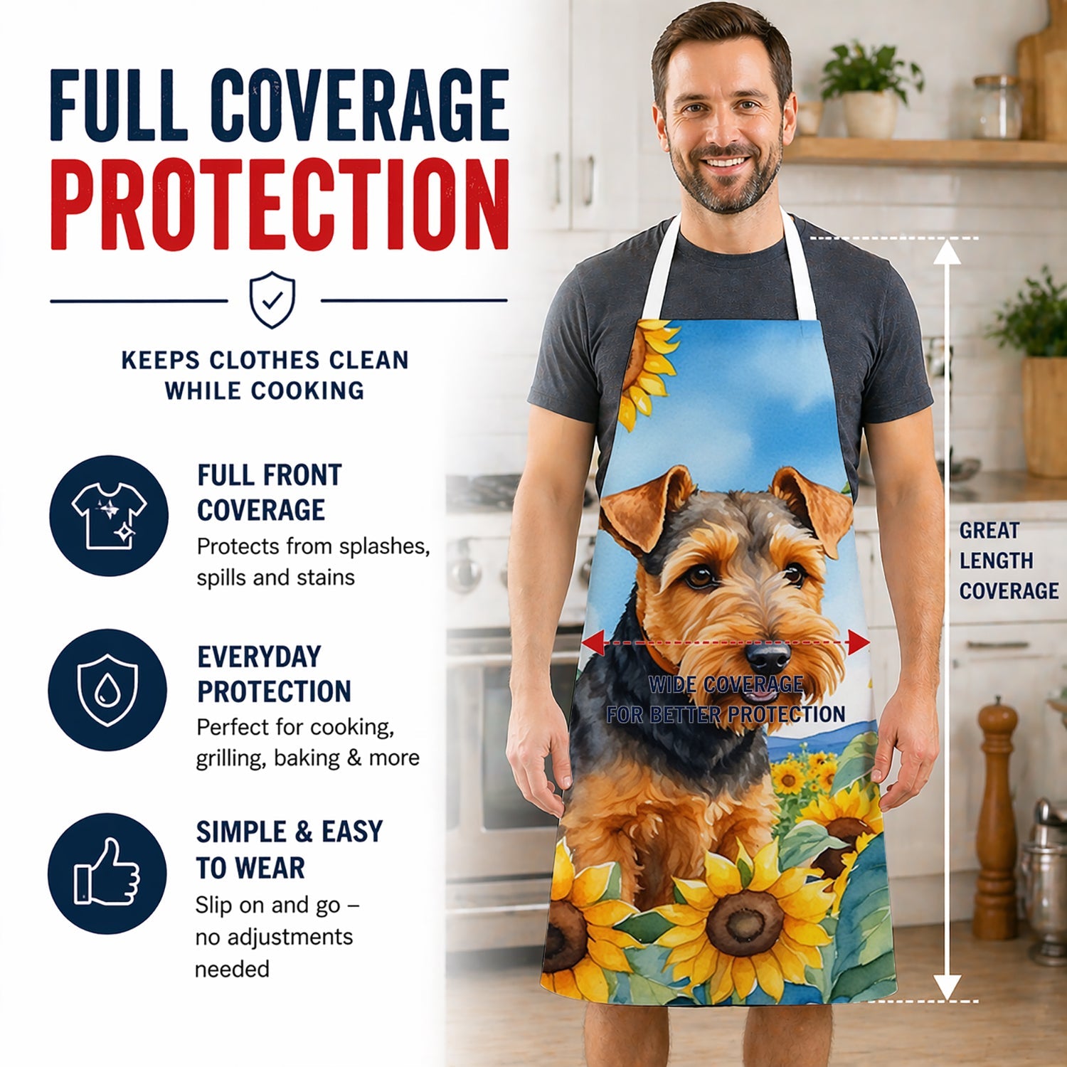 Welsh Terrier in Sunflowers Apron Cooking Kitchen Server Baking Crafts Gardening for Adult Women Men, Unisex, Large, Multicolor