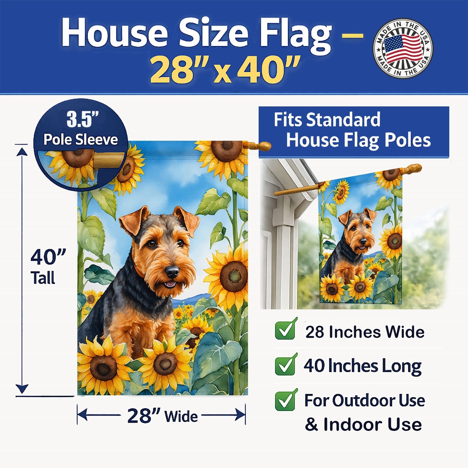 Welsh Terrier in Sunflowers House Flag 28x40 Porch Sleeve Pole Decorative Outside Yard Banner Artwork Wall Hanging, Polyester