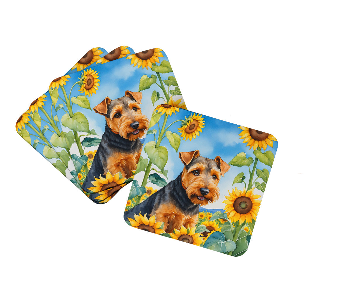 Welsh Terrier in Sunflowers Foam Coasters Set of 4 Cup Coasters for Indoor Outdoor, Tabletop Protection, Anti Slip, Mouse pad Material