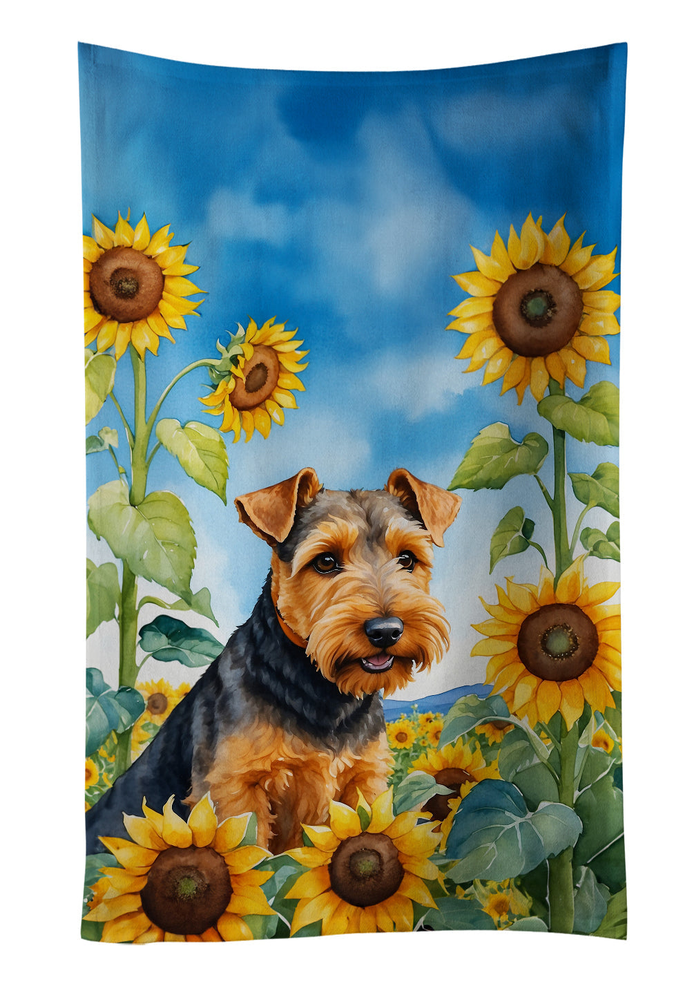 Welsh Terrier in Sunflowers Kitchen Towel Velour Plush Front and Cotton Loop Back Machine Washable