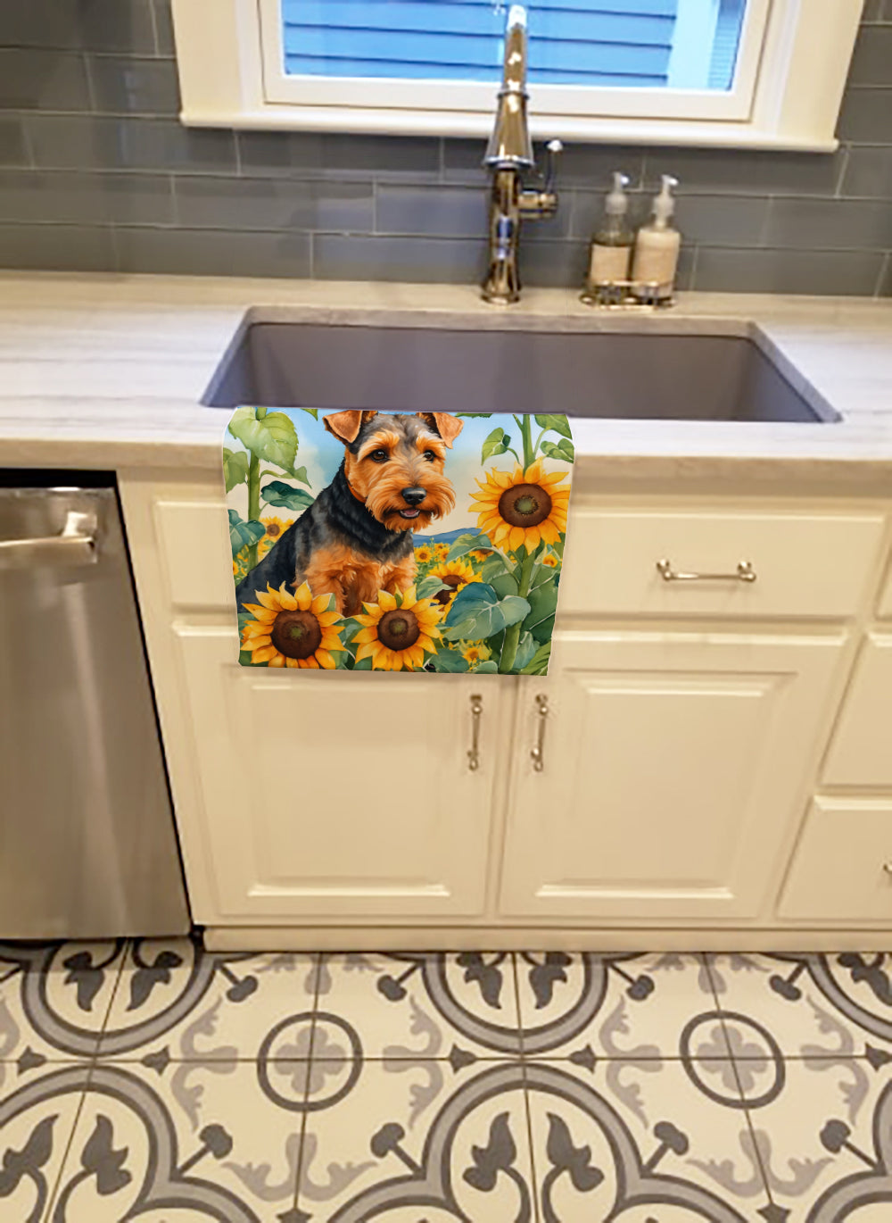 Welsh Terrier in Sunflowers Kitchen Towel Velour Plush Front and Cotton Loop Back Machine Washable