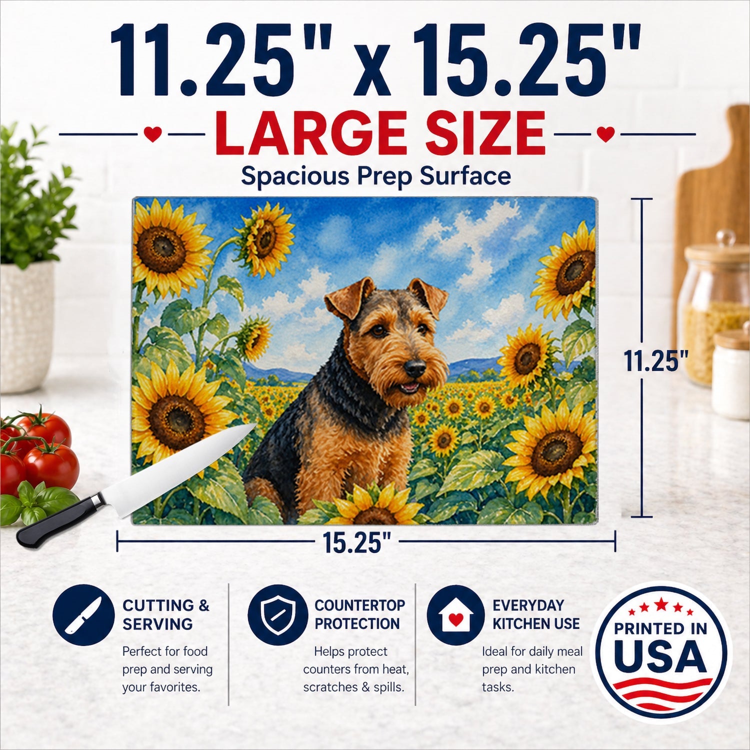 Welsh Terrier in Sunflowers Cutting Board Tempered Glass Kitchen Cutting Surface, Heat Resistant Chopping Board with Non-Slip Feet, Decorative Food Prep & Serving