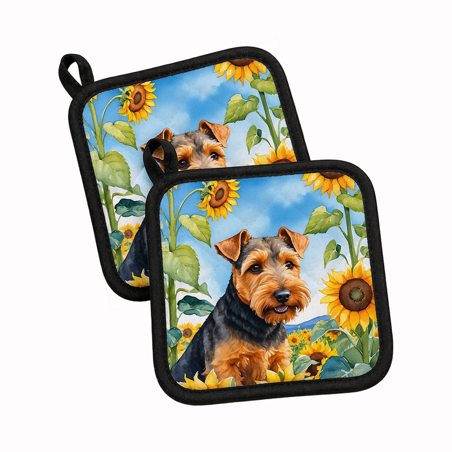 Welsh Terrier in Sunflowers Pot Holder Set of 2 Heat Resistant Quilted Hot Pads 7.5 x 7.5 Inch, Insulated Kitchen Trivets for Cooking & Baking
