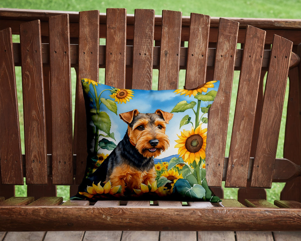 Welsh Terrier in Sunflowers Decorative Throw Pillow 14x14 Indoor Outdoor Accent Cushion, Fabric Cover with Insert for Sofa, Bed, Porch & Living Room