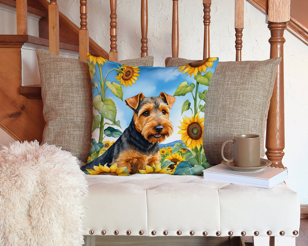 Welsh Terrier in Sunflowers Decorative Throw Pillow 14x14 Indoor Outdoor Accent Cushion, Fabric Cover with Insert for Sofa, Bed, Porch & Living Room