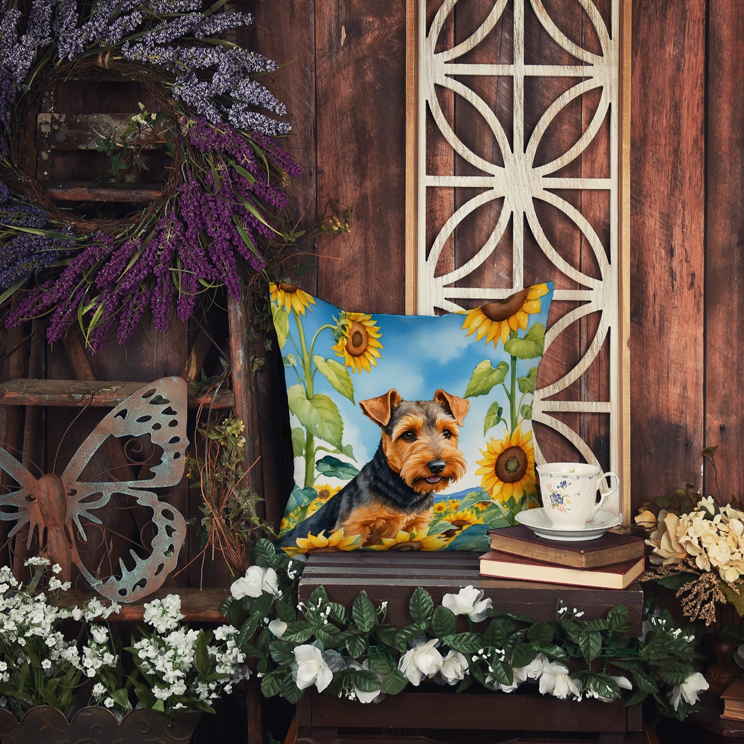 Welsh Terrier in Sunflowers Decorative Throw Pillow 14x14 Indoor Outdoor Accent Cushion, Fabric Cover with Insert for Sofa, Bed, Porch & Living Room