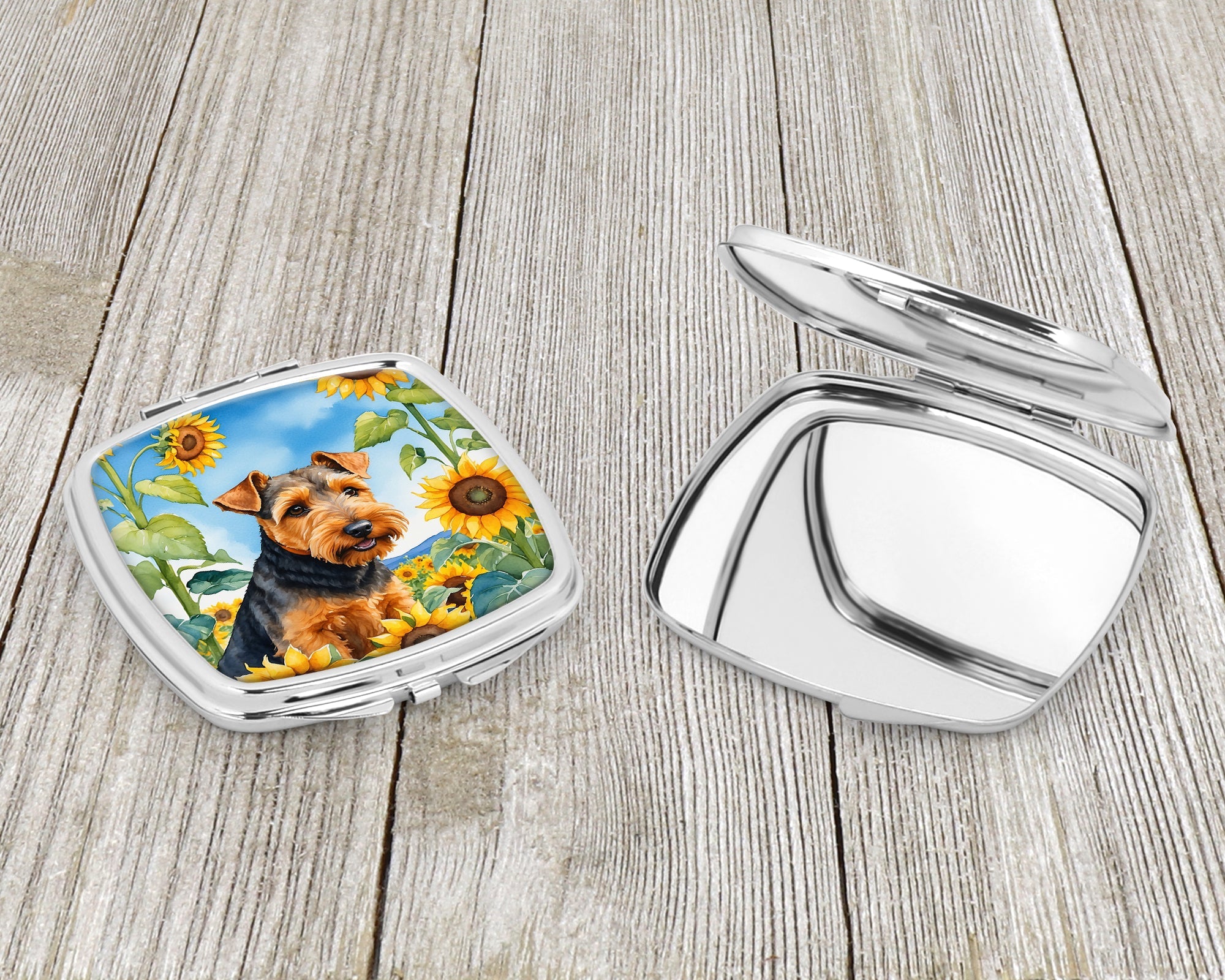 Welsh Terrier in Sunflowers Compact Mirror Decorative Travel Makeup Mirror for Women Girls Gifts Pocket Makeup Mirror Folding Handheld