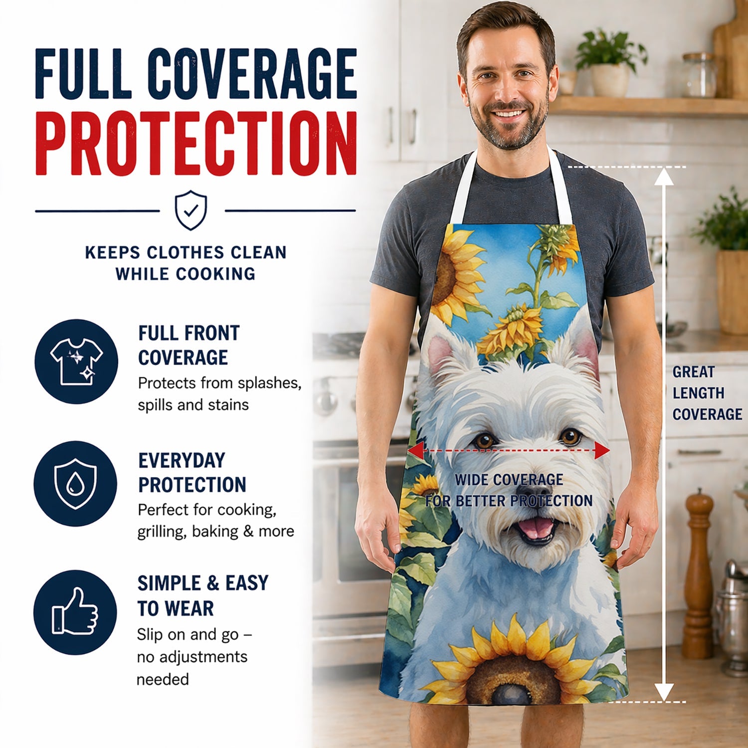 Westie in Sunflowers Apron Cooking Kitchen Server Baking Crafts Gardening for Adult Women Men, Unisex, Large, Multicolor