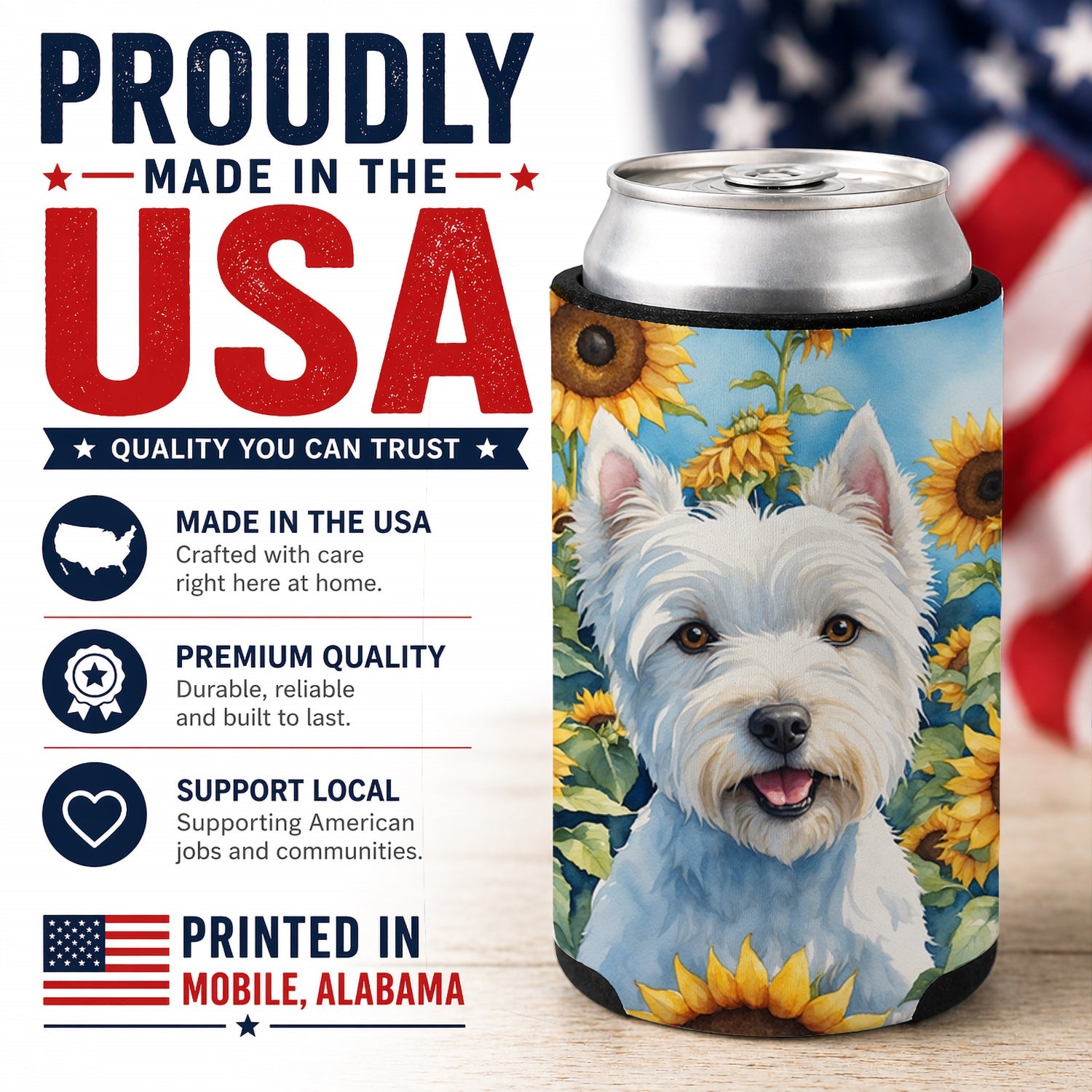Westie in Sunflowers Can or Bottle Hugger Cooler Sleeve for Standard 12 oz Cans, Insulated Foam Beer & Soda Can Hugger Reusable