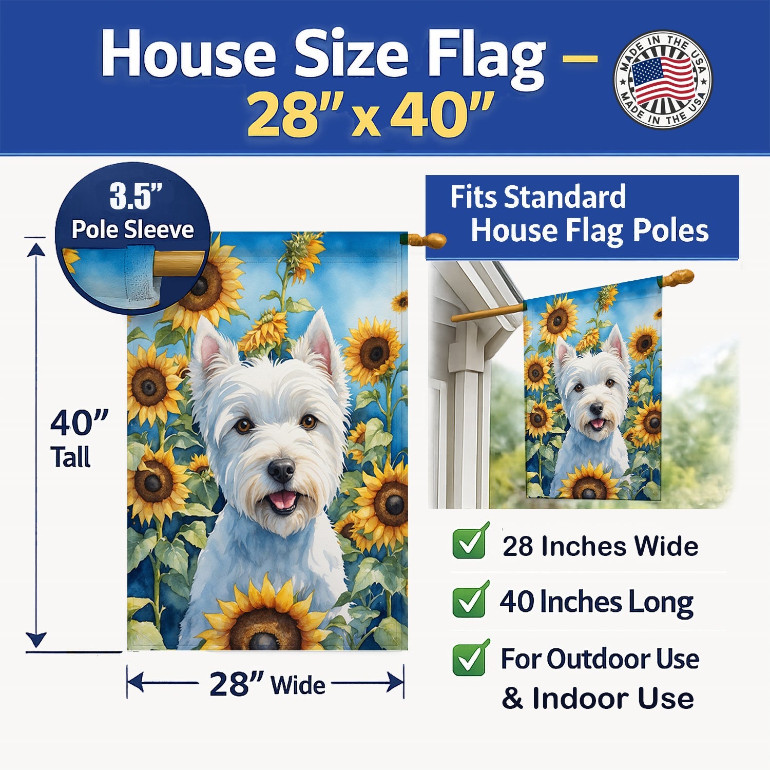 Westie in Sunflowers House Flag 28x40 Porch Sleeve Pole Decorative Outside Yard Banner Artwork Wall Hanging, Polyester