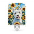 Westie in Sunflowers Ceramic Night Light Compact, UL-Certified, Ideal for Bedroom, Bathroom, Nursery, Hallway, Kitchen, 6x4x3, Multicolor
