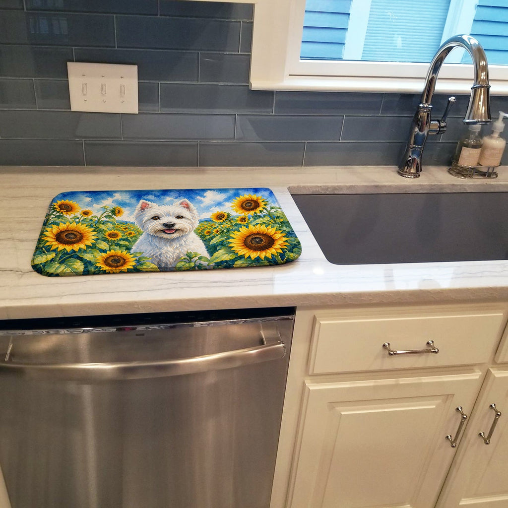 Westie in Sunflowers Dish Drying Mat Absorbent Dish Drying Mat Pad for Kitchen Counter Dish Drainer Mat for Countertop, 14 x 21", Multicolor