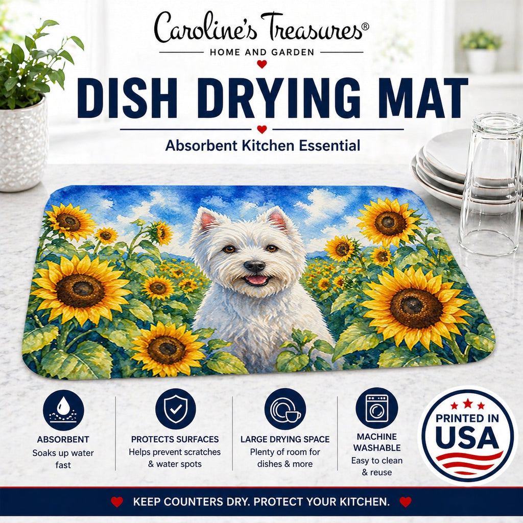 Westie in Sunflowers Dish Drying Mat Absorbent Dish Drying Mat Pad for Kitchen Counter Dish Drainer Mat for Countertop, 14 x 21", Multicolor