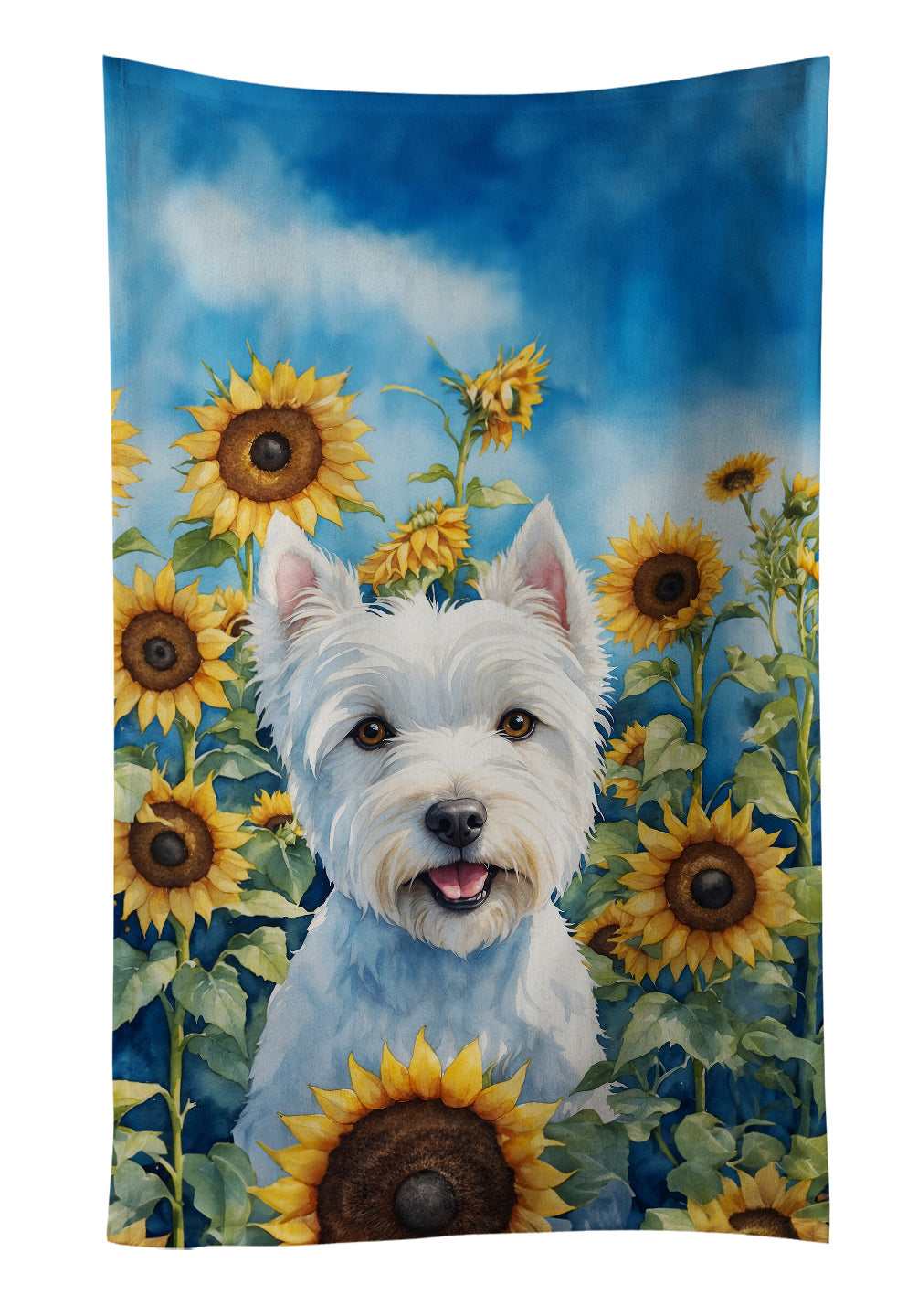 Westie in Sunflowers Kitchen Towel Velour Plush Front and Cotton Loop Back Machine Washable