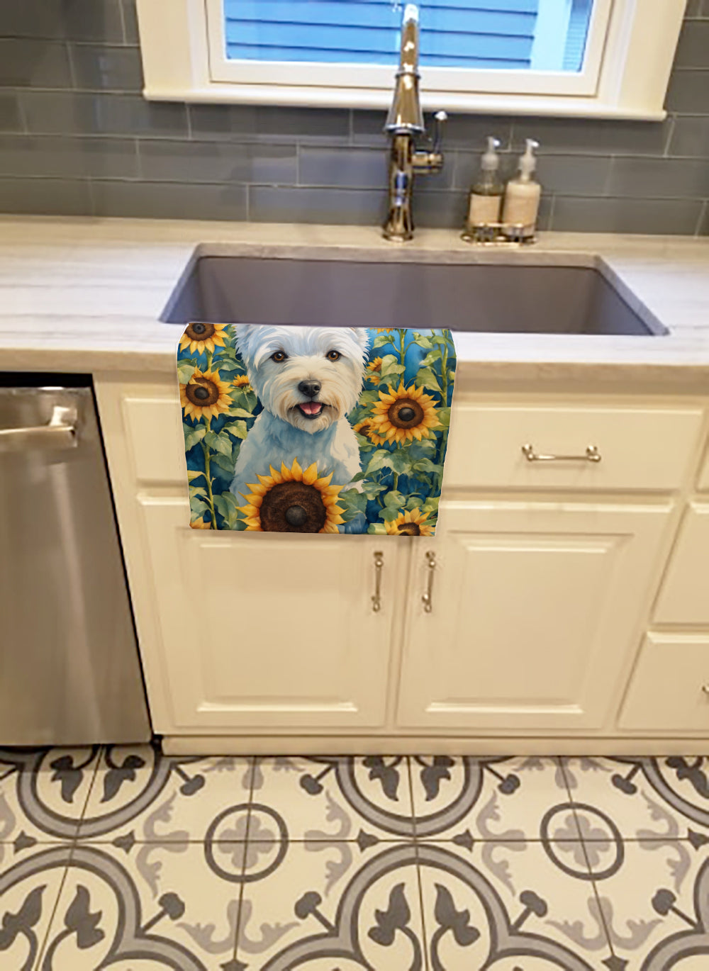 Westie in Sunflowers Kitchen Towel Velour Plush Front and Cotton Loop Back Machine Washable